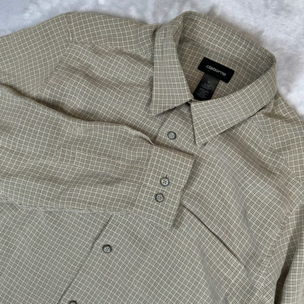 Claiborne Button Down Shirt Mens M Tan Micro Check Lng Sleeve Rayon Blend Pocket